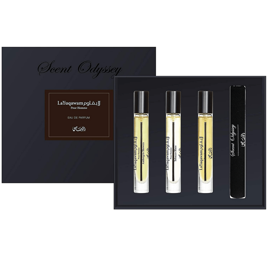 Set of three Rasasi Scent Odyssey La Yuqawam pour Homme 7.5ML perfume gift bottles with elegant packaging.