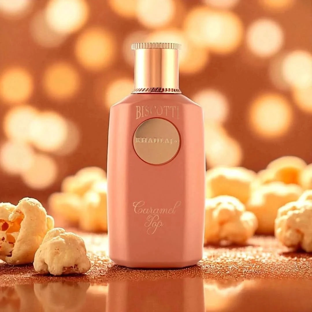 Khadlaj Biscotti Caramel Pop Eau de Parfum spray in 100ml bottle, featuring a sleek design with a velvet pouch.
