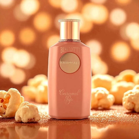 Khadlaj Biscotti Caramel Pop Eau de Parfum spray in 100ml bottle, featuring a sleek design with a velvet pouch.
