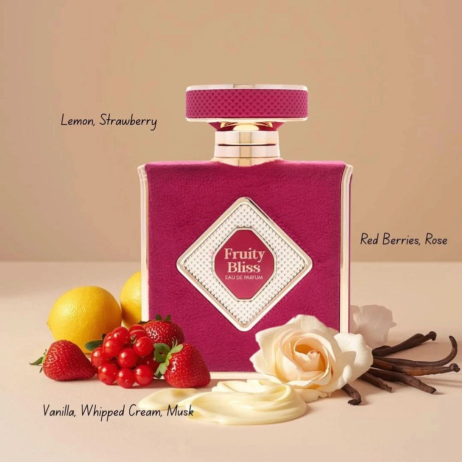 RISALA Cotton Bliss and Fruity Bliss Eau de Parfum spray bundle, 100ml each, featuring colorful packaging and elegant glass bottles