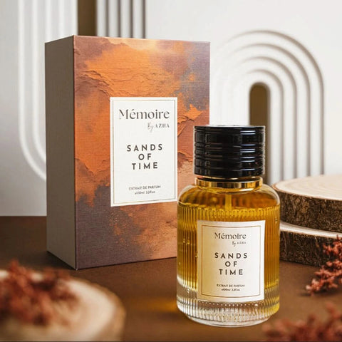 Azha Sands of Time Extrait de Parfum Spray 100ml bottle from Memoire Collection, elegant dark glass with gold accents.