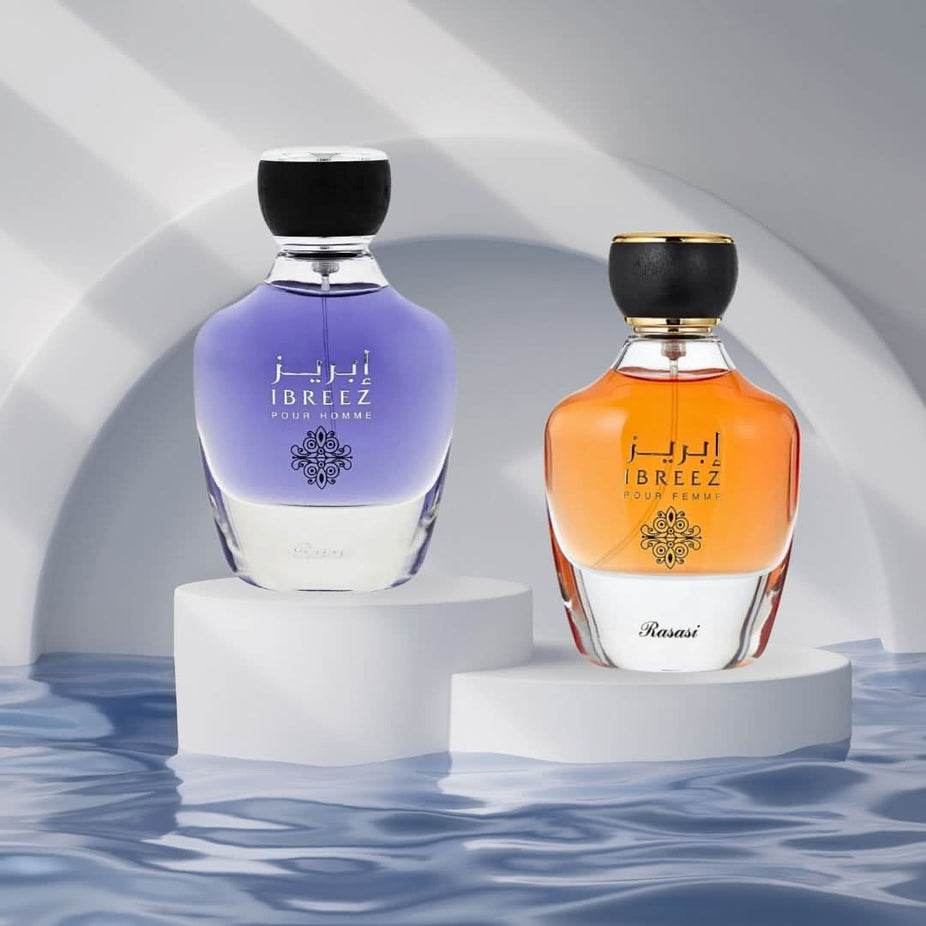 Rasasi Ibreez Pour Homme and Pour Femme Eau de Parfum sprays in 100ml bottles, displayed together in a bundle.