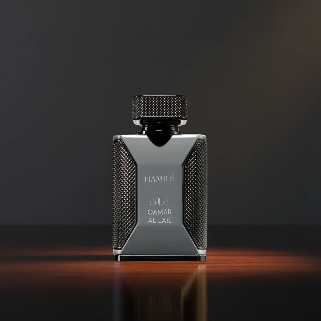 Qamar Al Lail Eau de Parfum spray by Hamidi, 100ml bottle with elegant design and floral fragrance notes.