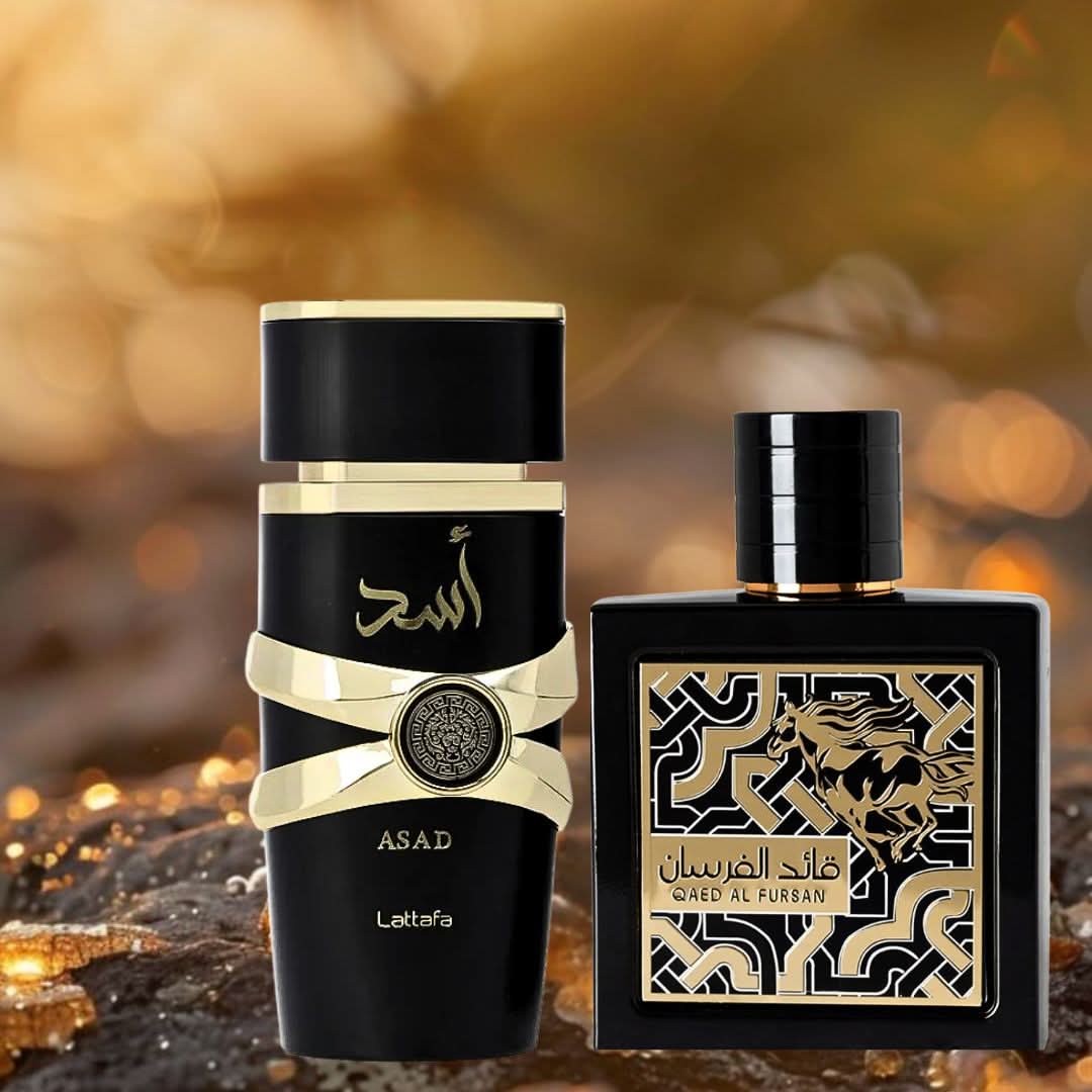 Lattafa Asad 100ml and Qaed Al Fursan 90ml Eau de Parfum sprays in a bundle, featuring sleek bottles and elegant packaging.