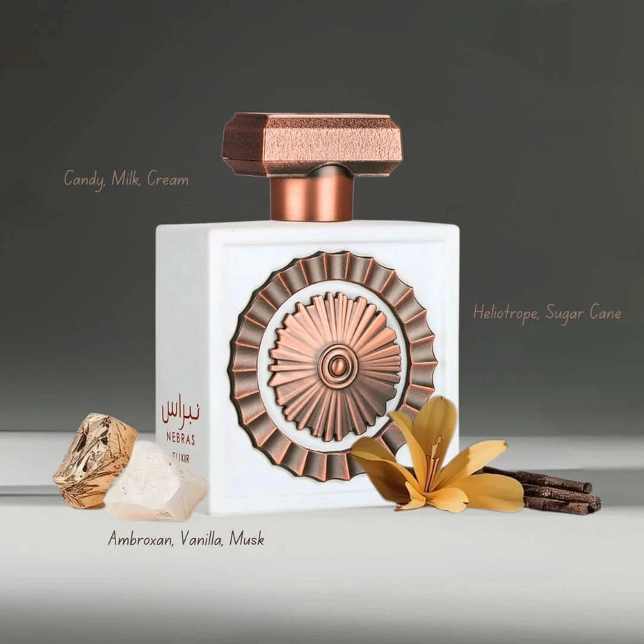 Lattafa Nebras Elixir and Nebras Eau de Parfum sprays in a 100ml bundle, featuring elegant bottles with intricate designs.