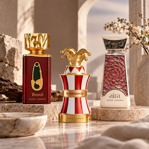 Brooch, The Show Magnifique & Aira Eau De Parfum Sprays 100ml (3.4 oz) By Paris Corner (Bundle)
