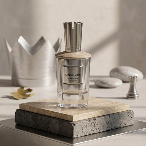 Castling Extrait de Parfum by Mind Games, 100ml EDP bottle with elegant packaging, showcasing a luxurious fragrance container.