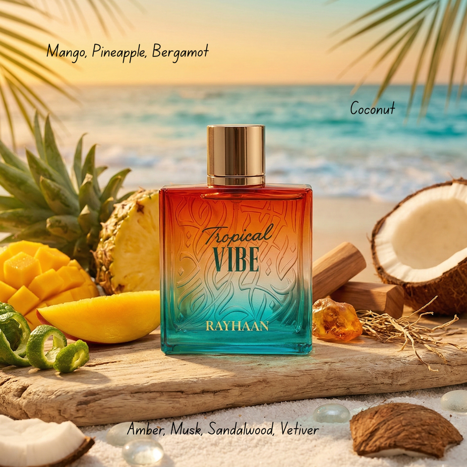 Rayhaan Tropical and Jungle Vibe Eau de Parfum Spray bundle, featuring two 100ml fragrances with tropical and jungle-inspired scents.