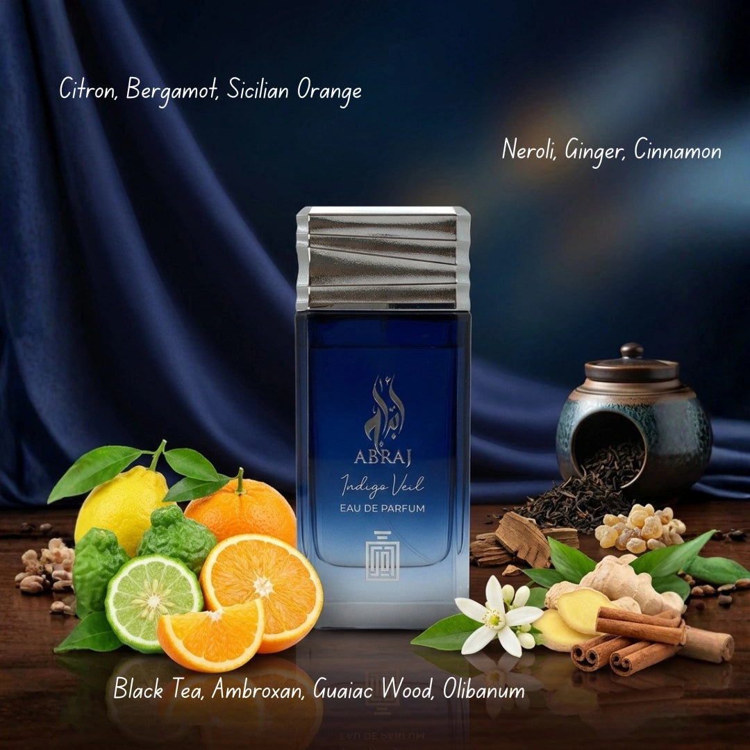 Aura Fragrances Abraj Twilight Drape, Ruby Majesty, and Indigo Veil Eau De Parfum Spray 100ml bundle bottles arranged.