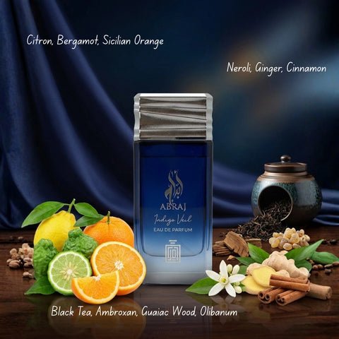 Aura Fragrances Abraj Twilight Drape, Ruby Majesty, and Indigo Veil Eau De Parfum Spray 100ml bundle bottles arranged.