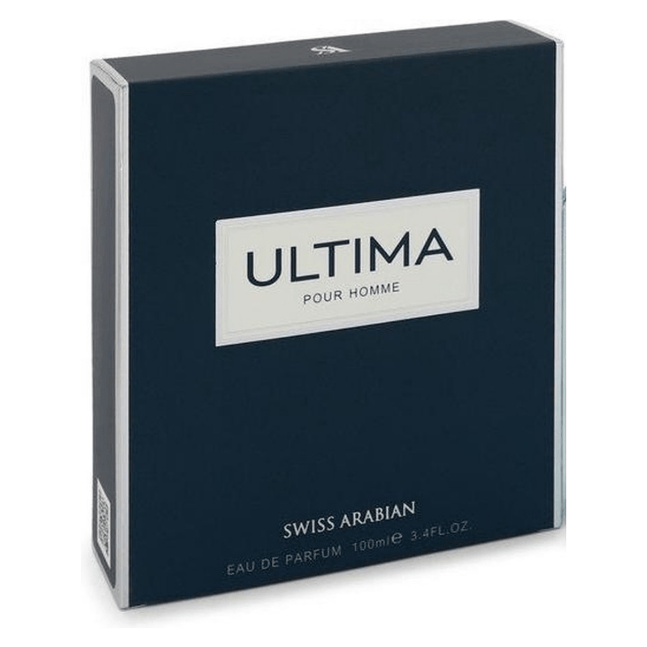 Swiss Arabian Ultima for Men Eau De Parfum 100ml bottle, sleek design with black and gold accents, showcasing the fragrance packaging.