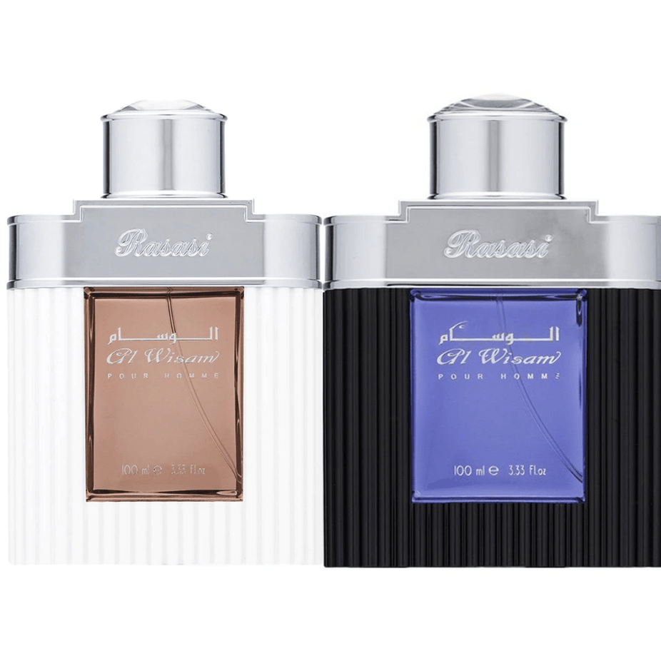 Al Wisam EDP Day & Evening Men by Rasasi 100ml perfume bundle, featuring sleek bottles with elegant design.