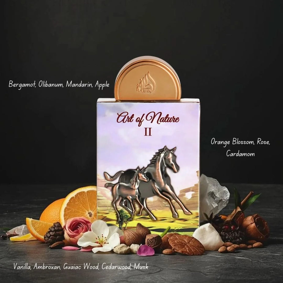 Art of Nature II 3-piece perfume gift set by Lattafa Pride with three elegant perfume bottles and decorative packaging.