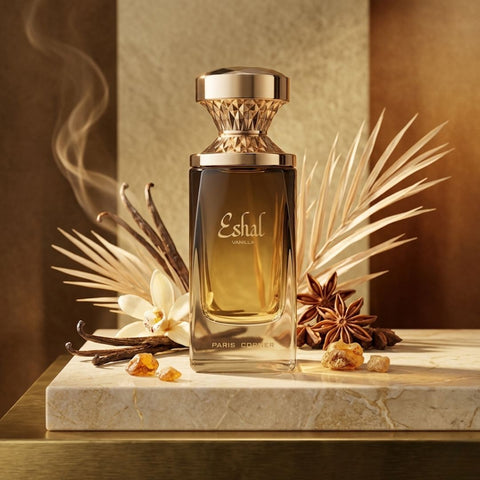 Eshal Vanilla Eau de Parfum spray by Paris Corner, 100ml bottle with elegant packaging and a vanilla fragrance theme.