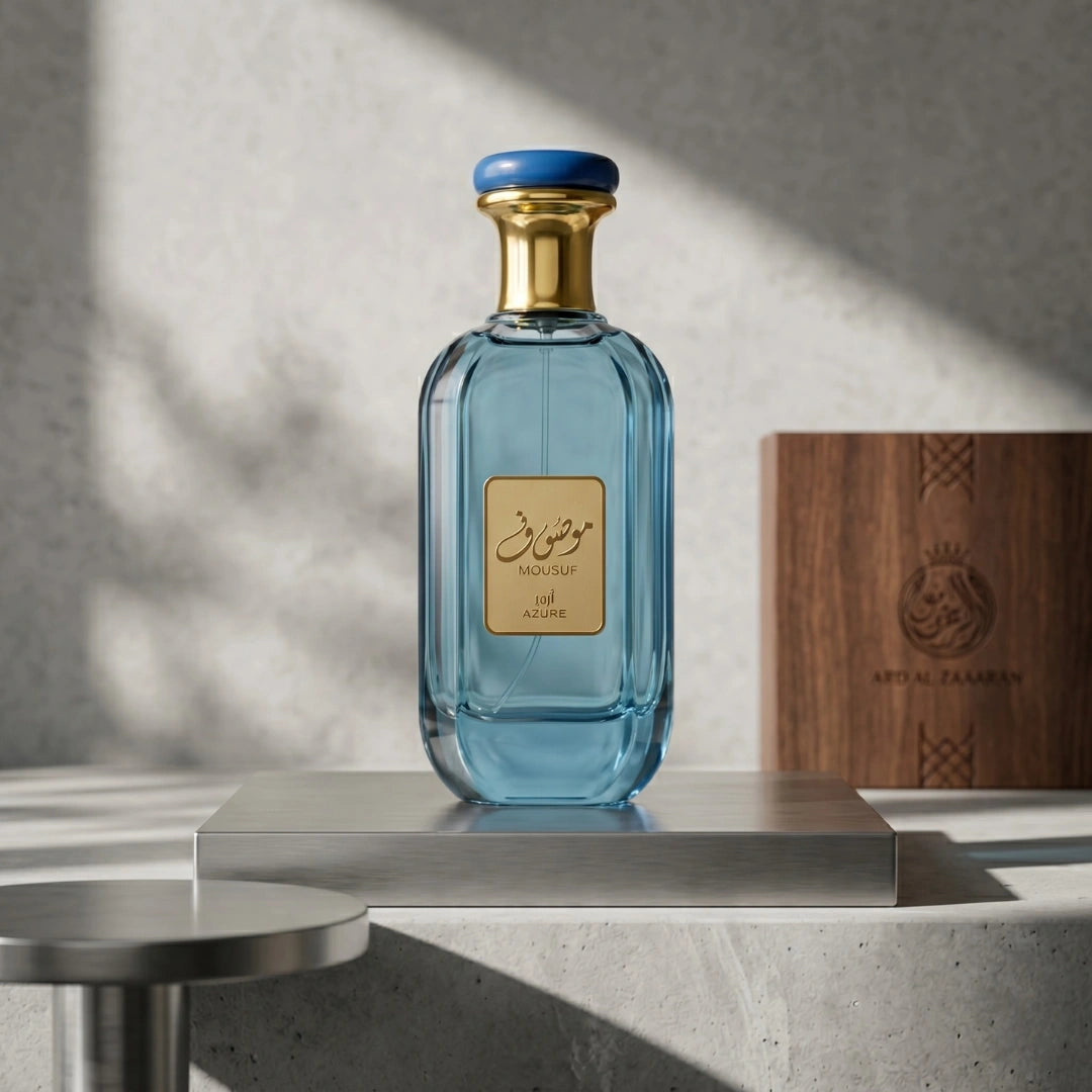 Mousuf Azure Eau de Parfum spray by Ard Al Zaafaran, 100ml bottle, with elegant packaging and fragrance details visible.