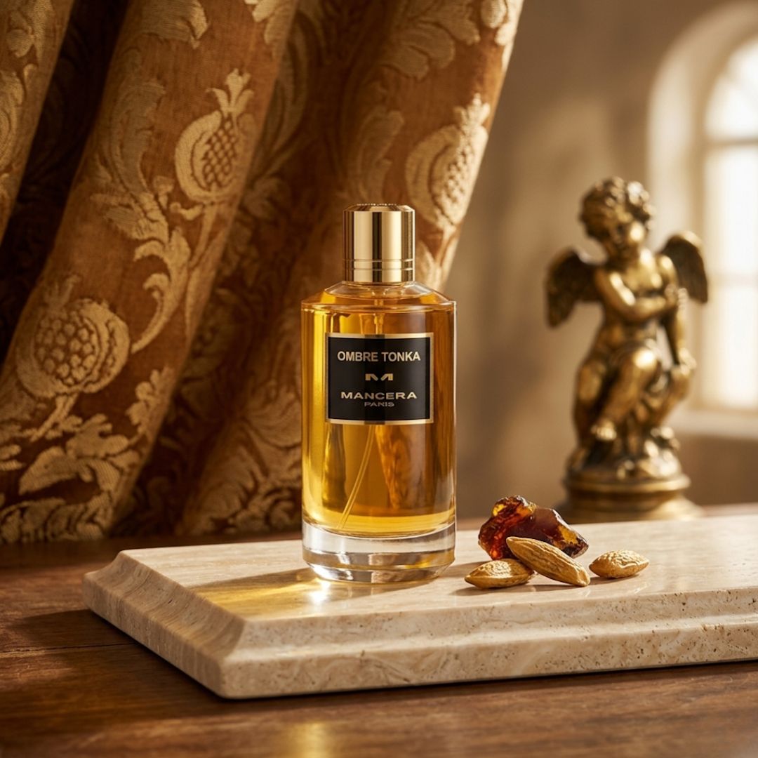 Ombre Tonka Eau de Parfum spray by Mancera, 60ml bottle with elegant black and gold design, showcasing the luxury fragrance.