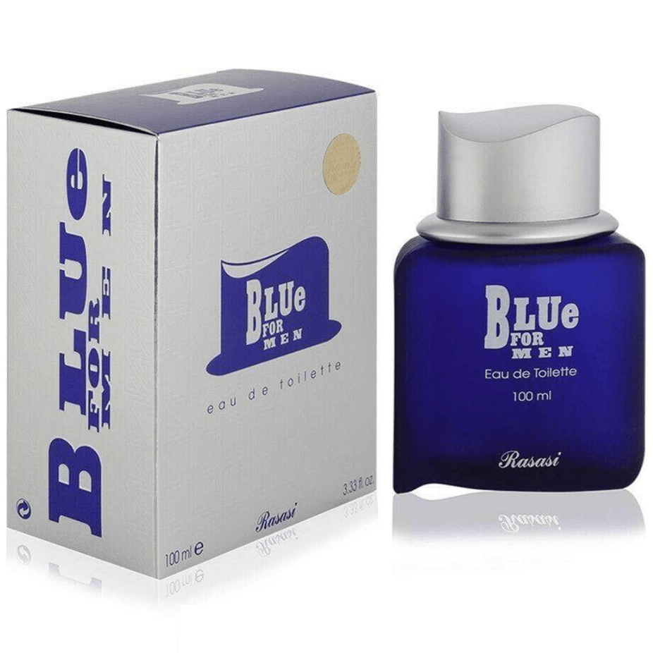 Blue for Men Eau De Toilette by Rasasi, 100ML bottle with sleek blue packaging and spray nozzle.