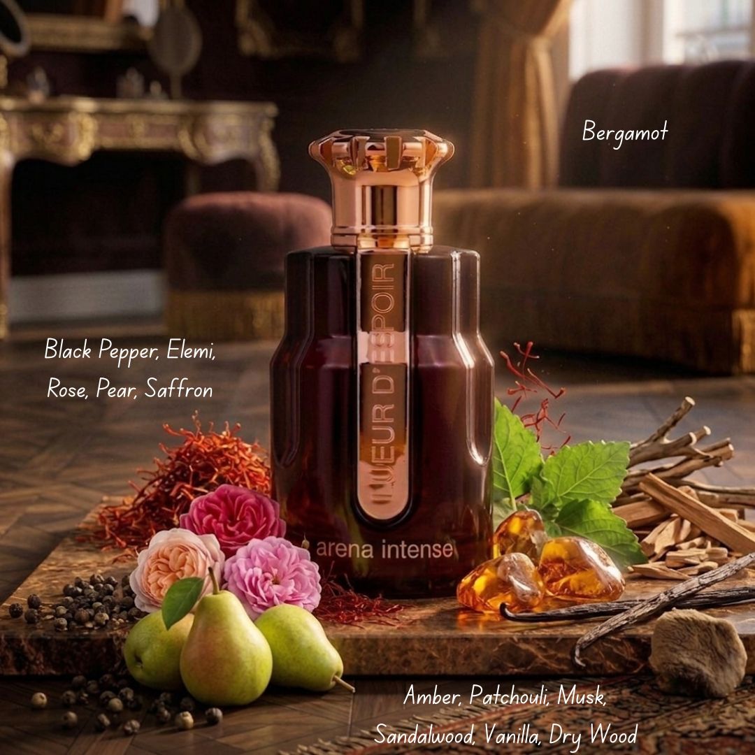 Bundle of Paris Corner Lueur d'Espoir Memories of Summer and Arena Intense Eau de Parfum sprays, 100ml bottles, featuring floral and fresh scents.