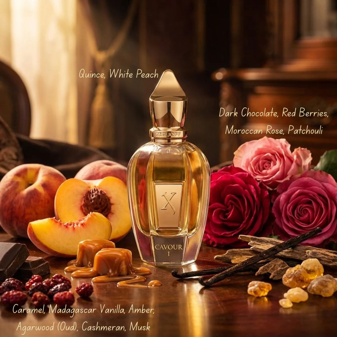 Xerjoff Via Cavour I Parfum Spray 50ml bottle with elegant packaging and fragrance details in the background.