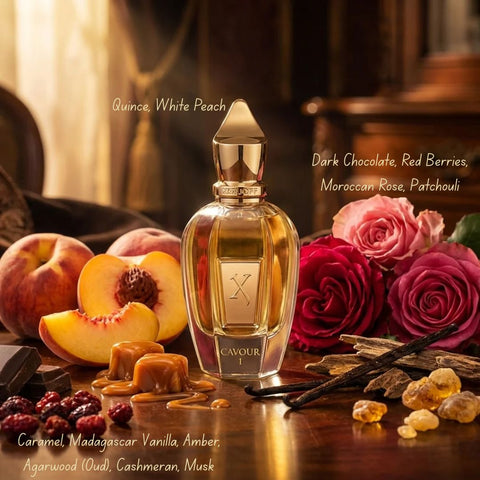 Xerjoff Via Cavour I Parfum Spray 50ml bottle with elegant packaging and fragrance details in the background.