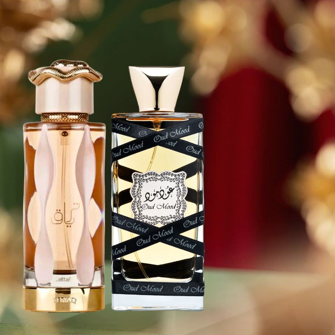 Lattafa Teriaq & Oud Mood Eau de Parfum spray bundle, 100ml each, featuring elegant bottles with aromatic fragrance.