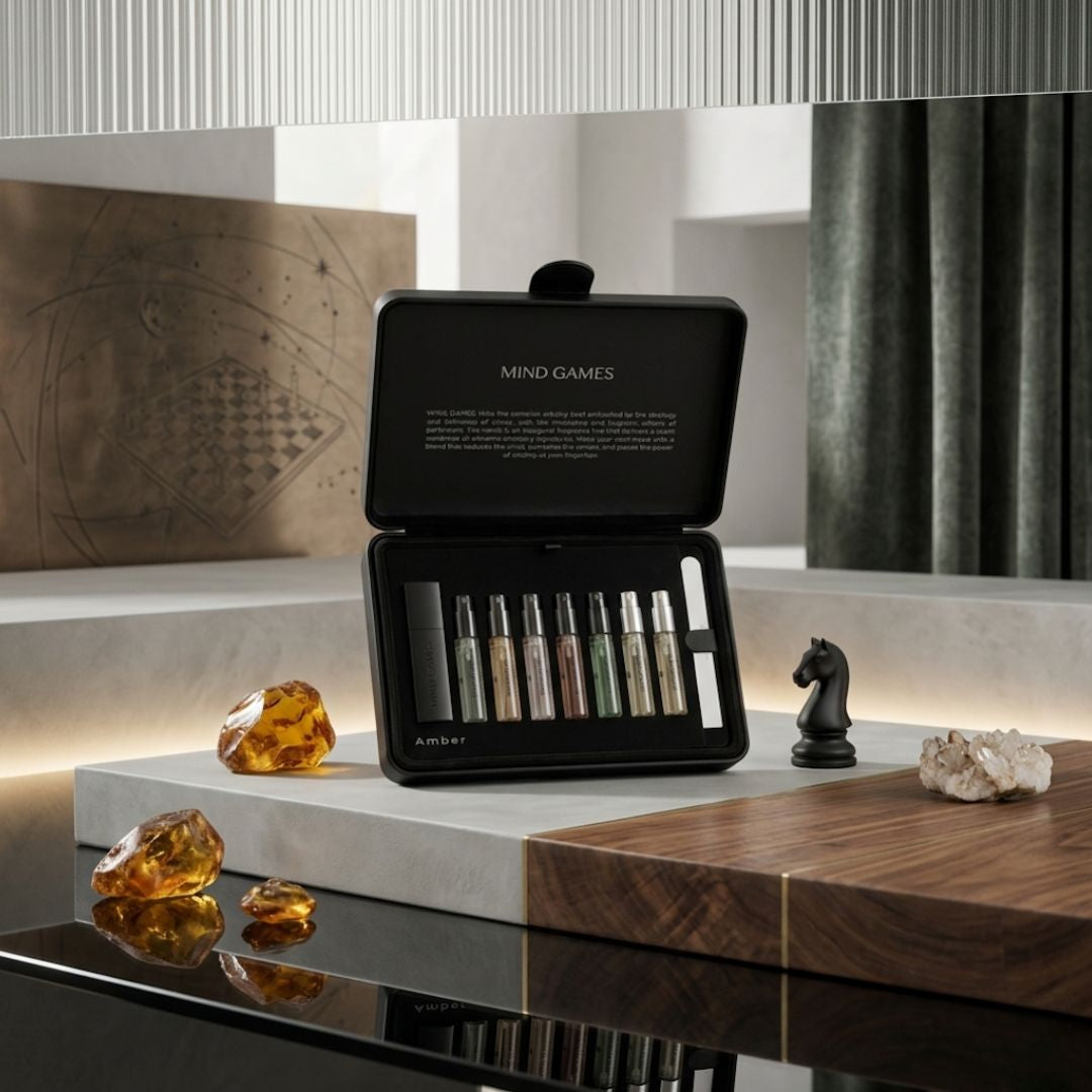 Olfactive Amber 7-piece discovery set by Mind Games, featuring seven 7.5ml perfume bottles in a stylish collection.