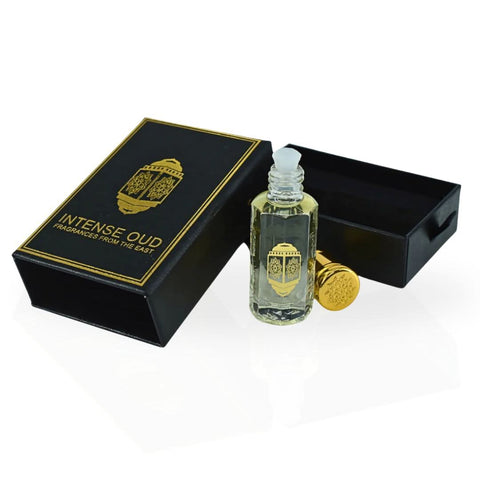 Intense Oud Majnoon Perfume Oil 12ml in a black gift box, featuring a luxurious loose oil bottle with elegant packaging.
