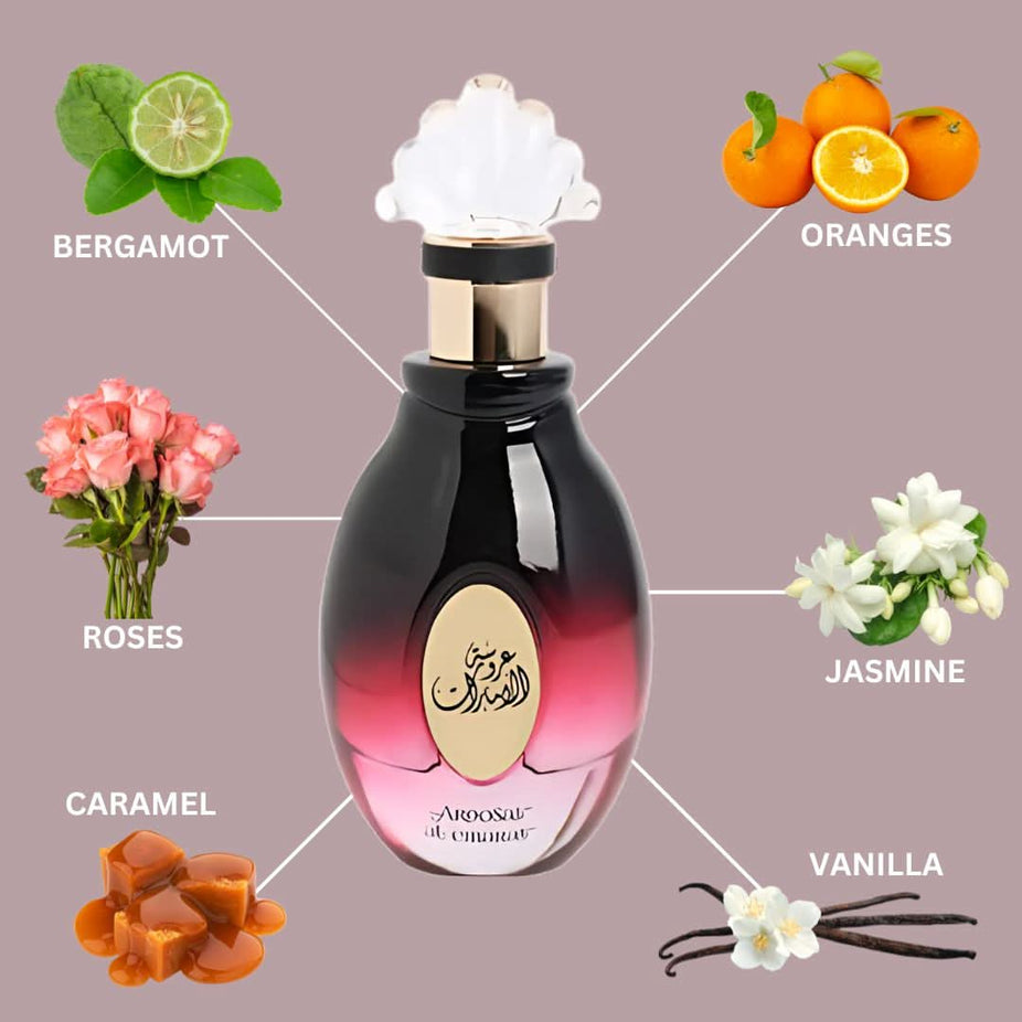 Aroosat Al Emarat Eau De Parfum for Women 100mL bottle by Ard Al Zaafaran, elegant perfume bottle with floral design.