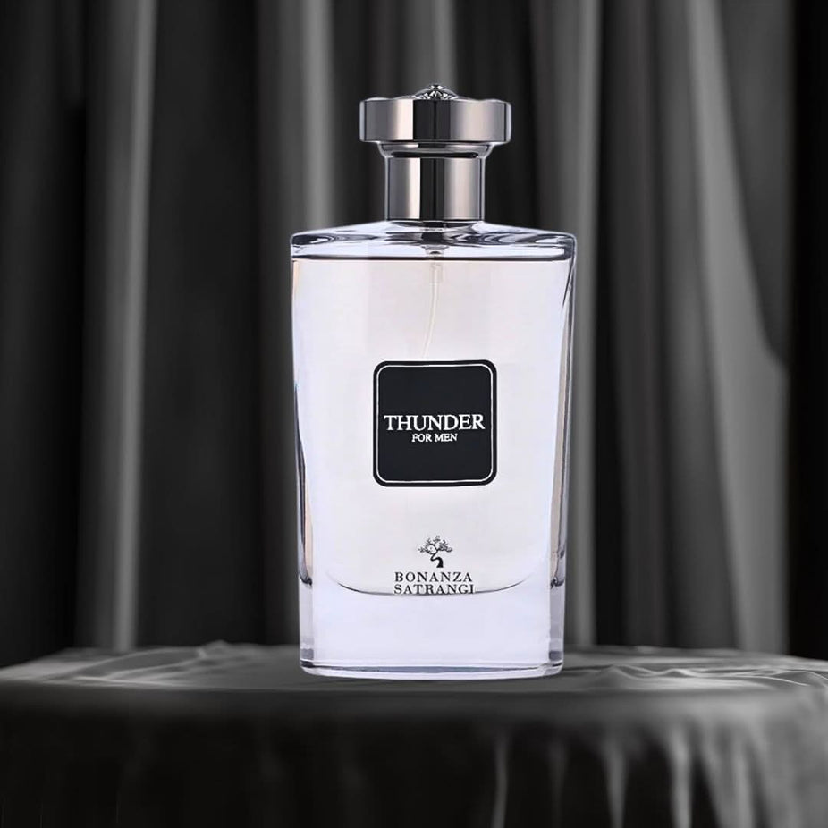 Bonanza Satrangi Thunder For Men EDP spray 100ML, featuring a sleek bottle with fresh, spicy, and warm fragrance notes.