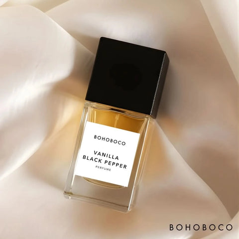 Bohoboco Vanilla Black Pepper Eau de Parfum Spray 50ml bottle, sleek design with black and vanilla accents.
