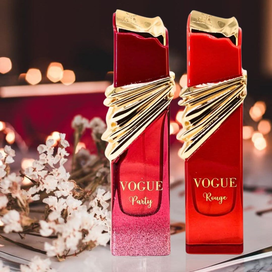 Maison Alhambra Vogue Party and Vogue Rouge Eau de Parfum sprays bundle, 100ml each, featuring elegant fragrance bottles.