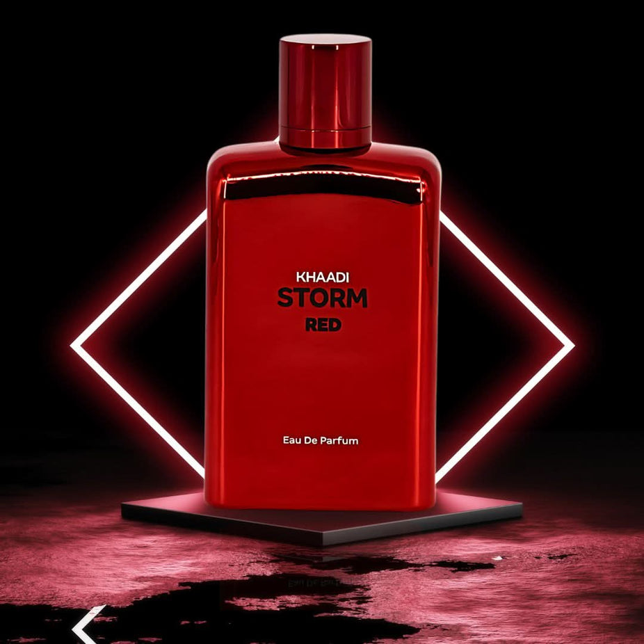 Storm Red Eau de Parfum Spray by Khaadi, 100ml, featuring elegant red packaging and the perfume bottle with a sleek design.