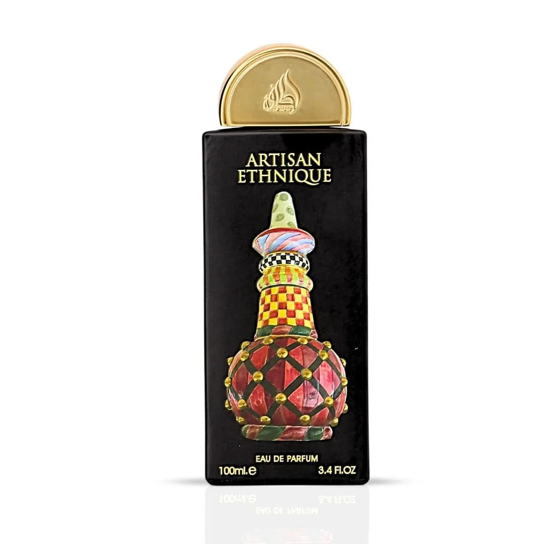 Lattafa Artisan Ethnique Eau de Parfum spray 100ml in a velvet pouch, featuring elegant glass bottle with intricate design.