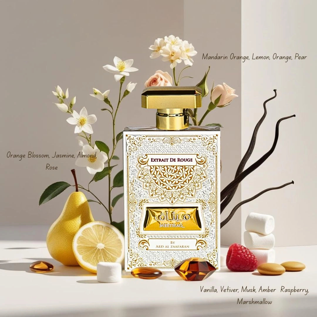 Meethaq Extrait de Rouge Eau de Parfum Spray 100ml (3.4 oz) by Ard Al Zaafaran | Citrus Spark Meets Floral Elegance With A Sweet Embrace - Intense Oud