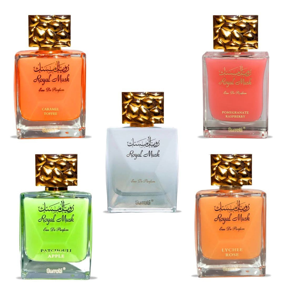 Surrati Royal Musk Eau de Parfum spray with caramel toffee, patchouli, apple, pomegranate, raspberry, lychee, and rose scents in 100ml bottle.