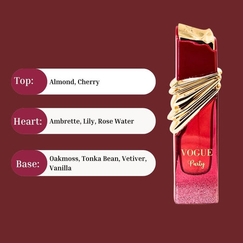 Maison Alhambra Vogue Party Eau de Parfum spray 100ml with velvet pouch, elegant glass bottle and floral design.