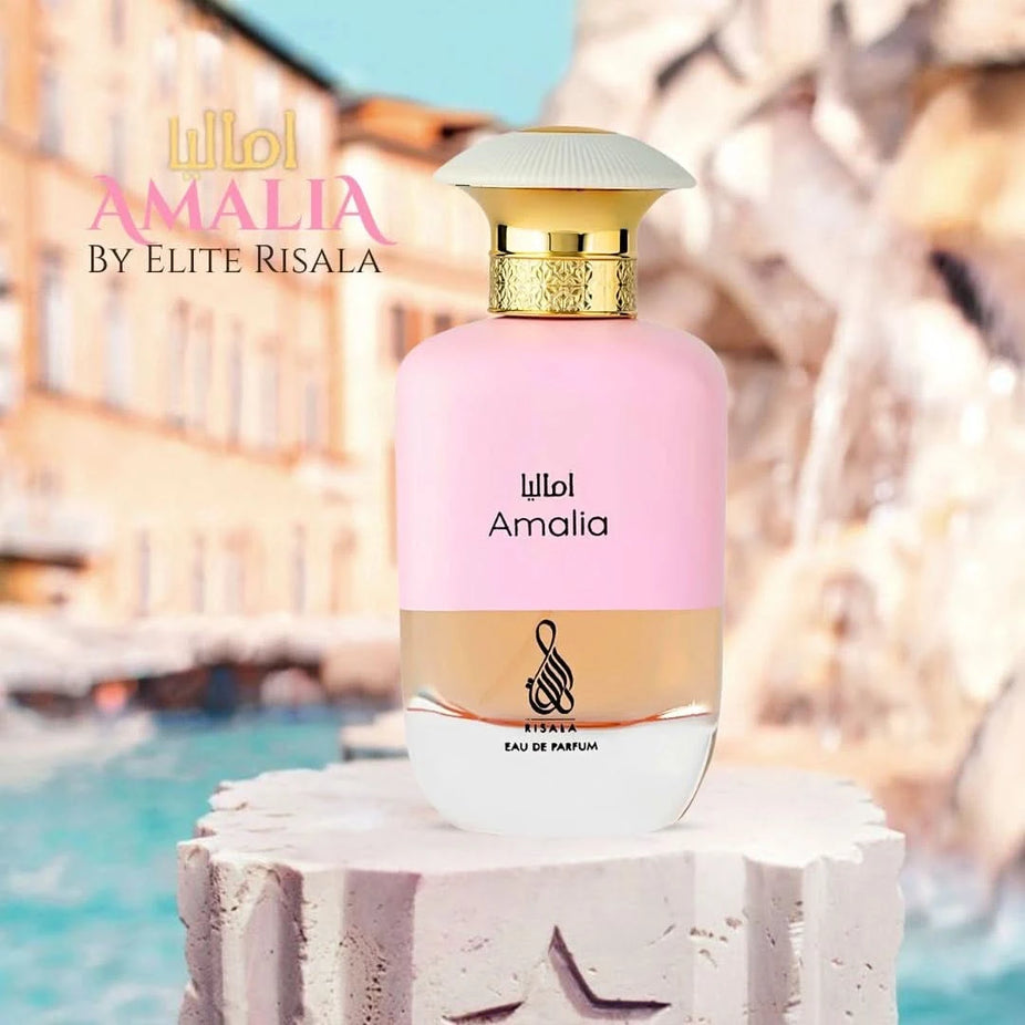 Elite Risala Amalia Eau de Parfum spray 100ml bottle, elegant glass packaging with a sleek design and floral accents.
