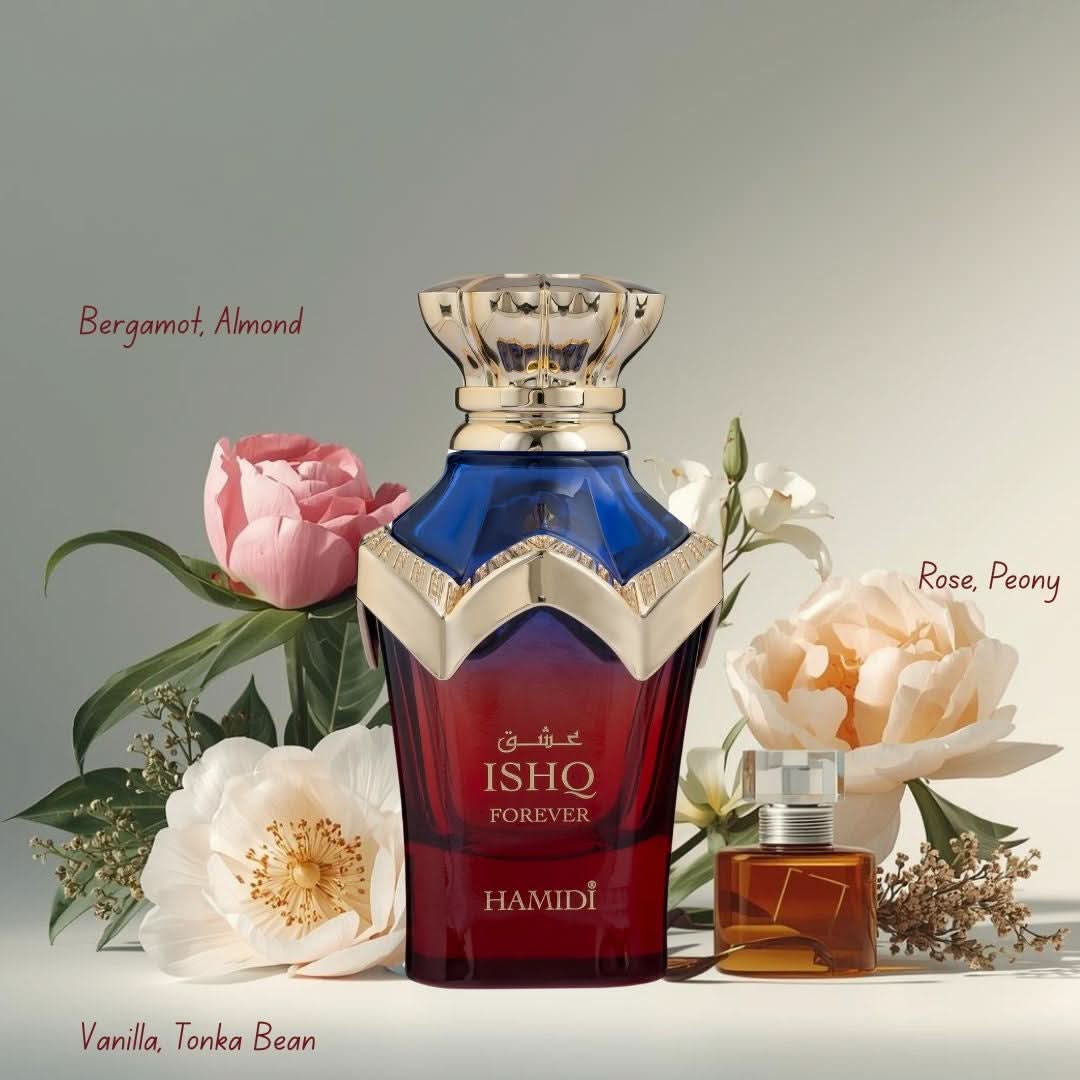 Hamidi Ishq Forever Eau de Parfum spray 100ml bottle, elegant design, showcasing the perfume for women and men.