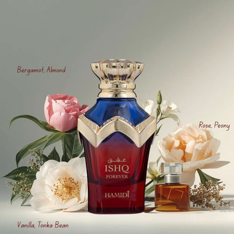 Hamidi Ishq Forever Eau de Parfum spray 100ml bottle, elegant design, showcasing the perfume for women and men.