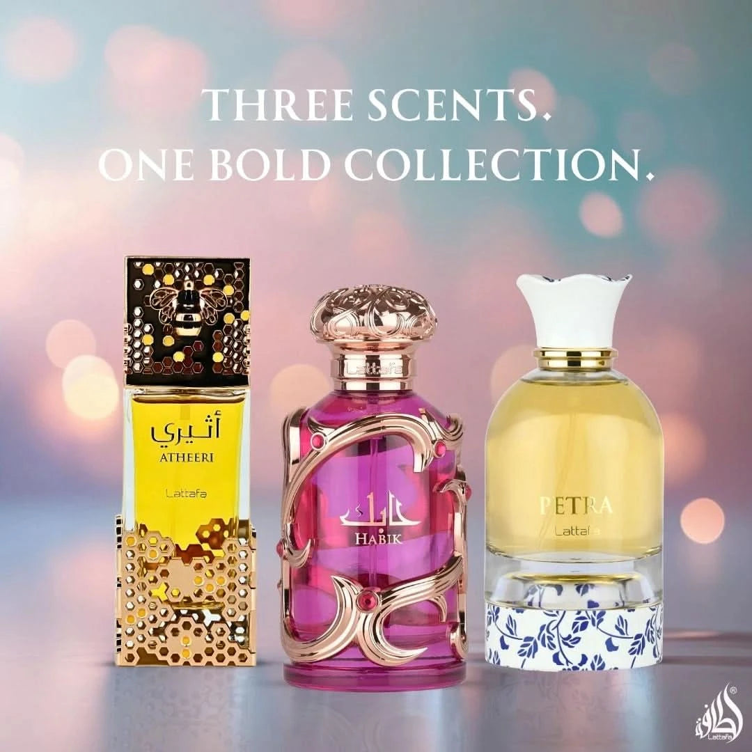 Lattafa Atheeri Habik and Petra Eau de Parfum sprays bundle for women, 100ml bottles with elegant packaging.