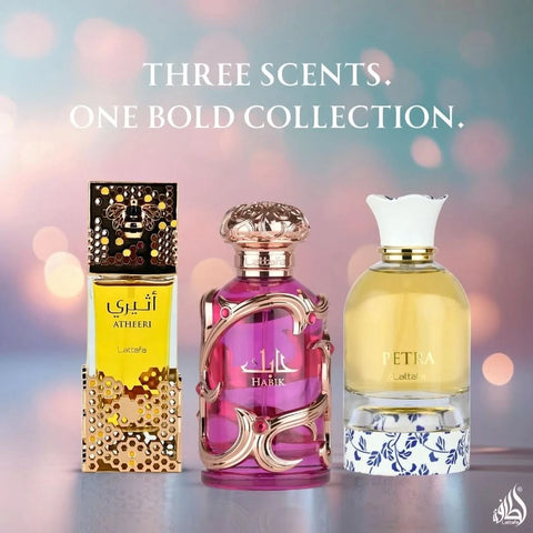 Lattafa Atheeri Habik and Petra Eau de Parfum sprays bundle for women, 100ml bottles with elegant packaging.