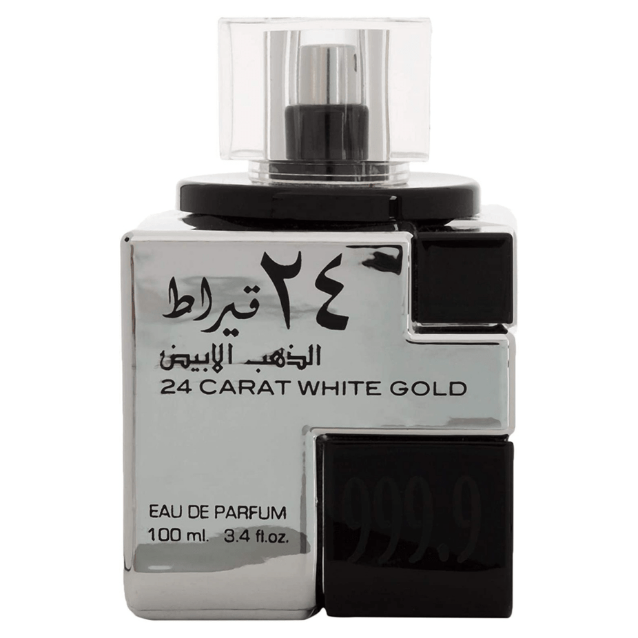 Lattafa 24 Carat White Gold Eau De Parfum 100ML bottle with elegant packaging visible in the image