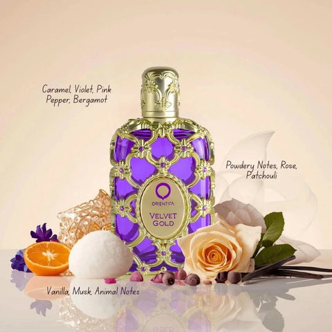Orientica Royal Amber & Velvet Gold Eau de Parfum spray bottle, 80ml, with elegant gold and amber details.