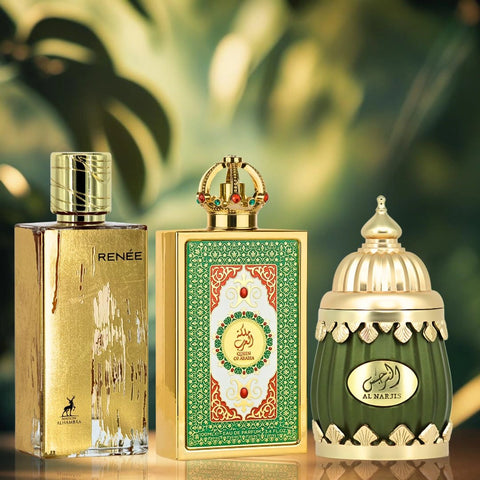 Niche Emarati Al Narjis & Queen of Arabia by Lattafa, Renee Carmine by Maison Alhambra - Eau de Parfum Sprays 100ml | Citrusy, Sweet, Floral & Fruity (Golden Bundle) - Intense Oud