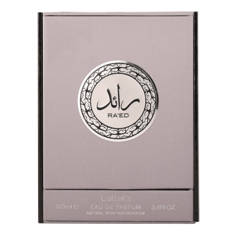 Ra'ed Silver Eau De Parfum spray by Lattafa, 100ML, featuring a sleek silver bottle and elegant packaging.