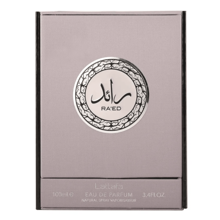 Lattafa Ra'ed Silver Eau De Parfum spray bottle, 100ml, with sleek silver design and elegant packaging visible.