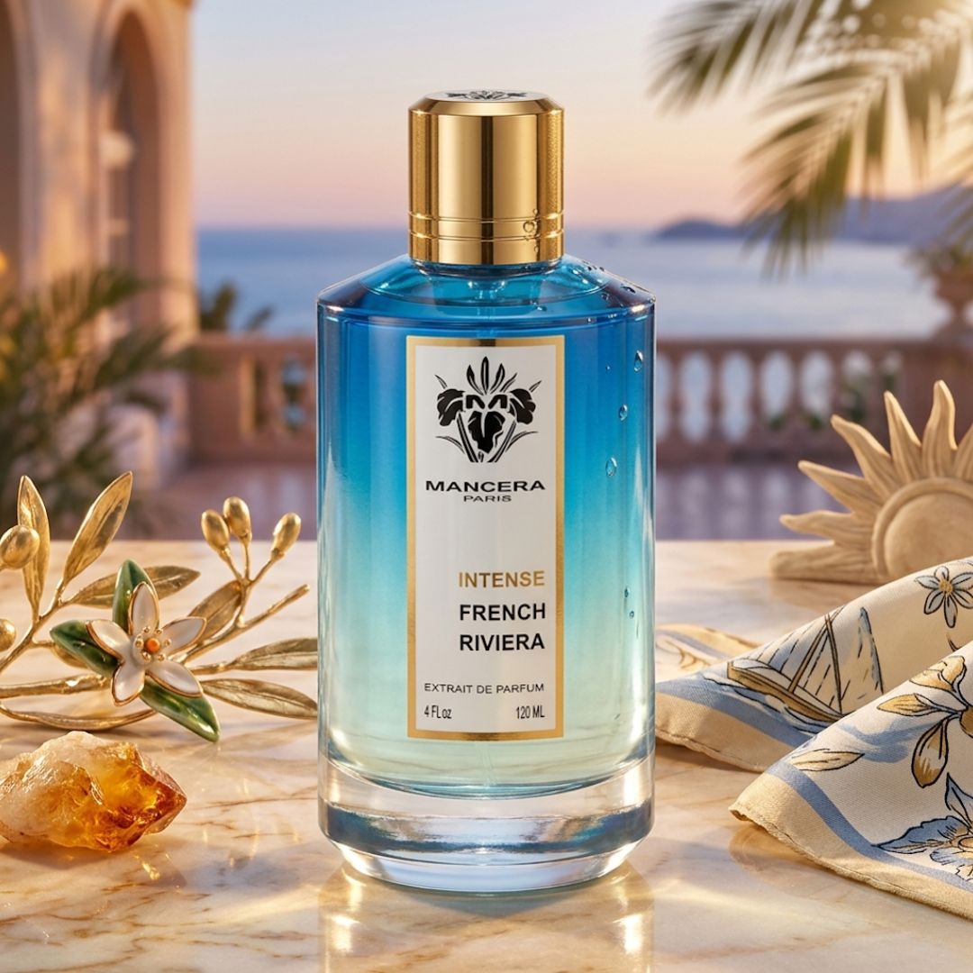 Mancera Intense French Riviera Extrait de Parfum spray bottle, 120ml, showcasing elegant packaging and fragrance details.