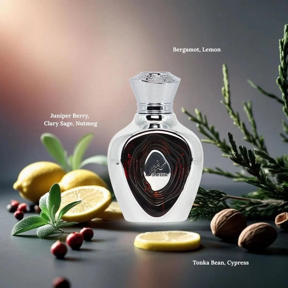 Lattafa Niche Emarati Safeer Eau De Parfum spray 100ml bottle, elegant design, showcasing the fragrance container.