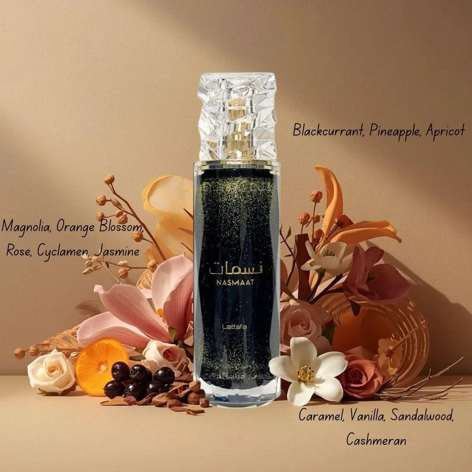 Lattafa Nasmaat 100ml and Layaan 75ml Eau de Parfum sprays in a bundle, featuring elegant bottles with floral and oriental fragrance themes.