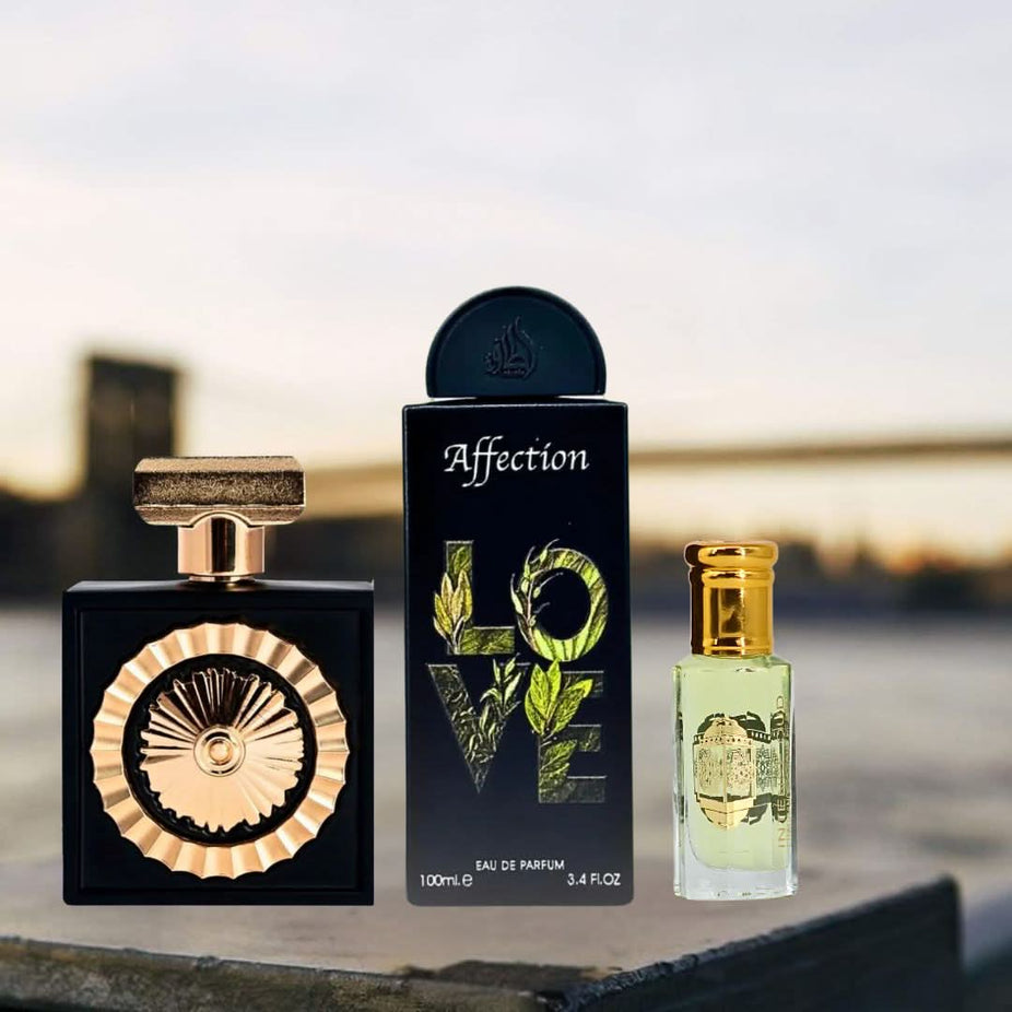 Intense Oud gift set with Nebras Affection Eau de Parfum 100ml, Lady Mile perfume oil 12ml, and magnetic gift box.